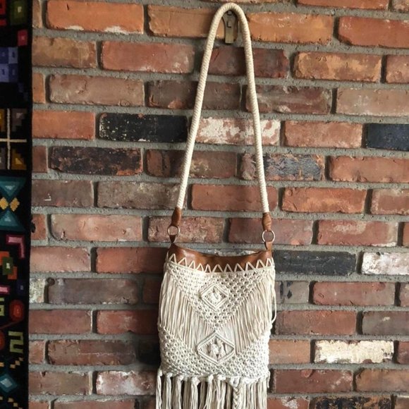 WOVEN Macramé Fringe CROSSBODY Hippie Boho FESTIVAL TOTE Travel, Rope Purse - Picture 2 of 4
